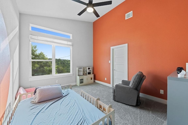 20702 Post Oak Dr, Lago Vista, TX 78645 - bedroom with high vaulted ceiling, carpet, and ceiling fan