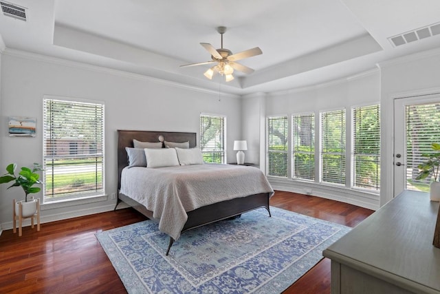 205 Champion Dr, Lakeway, TX 78734 - bedroom featuring a raised ceiling, multiple windows, access to exterior, dark wood-style floors, and crown molding