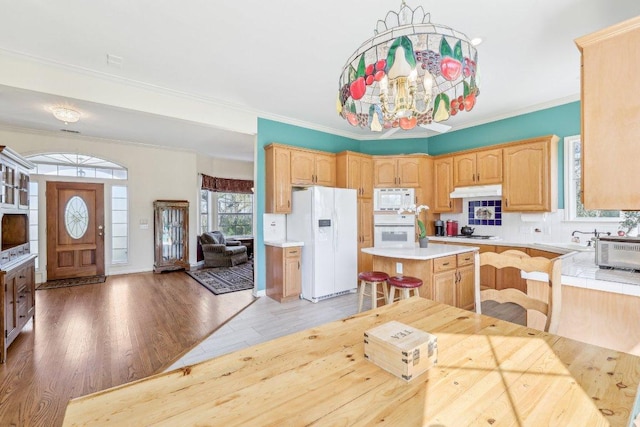 418 Grace Ln, Austin, TX 78746 - kitchen with white appliances, light countertops, light wood finished floors, ornamental molding, and light brown cabinetry