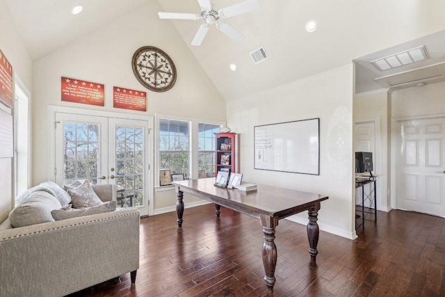 418 Grace Ln, Austin, TX 78746 - office space with high vaulted ceiling, french doors, dark wood-type flooring, attic access, and a ceiling fan