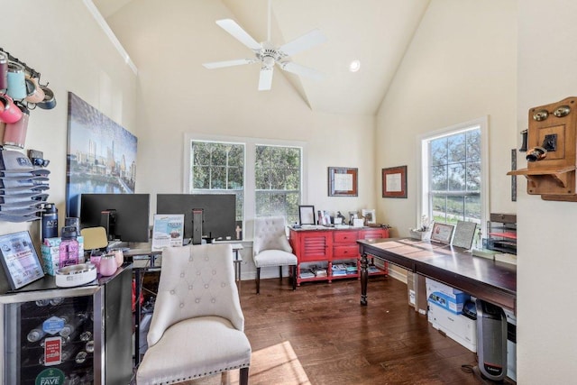 418 Grace Ln, Austin, TX 78746 - home office with high vaulted ceiling, dark wood-style flooring, a ceiling fan, and healthy amount of natural light