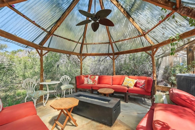 418 Grace Ln, Austin, TX 78746 - view of patio / terrace featuring a gazebo, an outdoor living space with a fire pit, and a ceiling fan