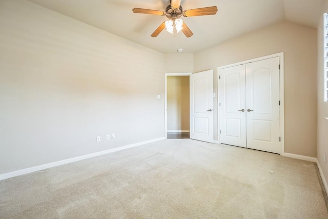 20125 Chayton Cir, Pflugerville, TX 78660 - unfurnished bedroom featuring light colored carpet, baseboards, a closet, lofted ceiling, and ceiling fan
