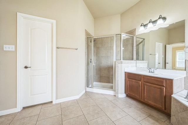 20125 Chayton Cir, Pflugerville, TX 78660 - bathroom with a shower stall, tile patterned floors, and vanity