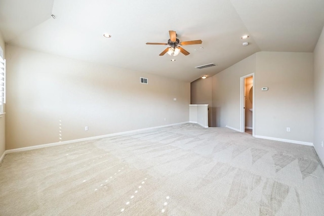 20125 Chayton Cir, Pflugerville, TX 78660 - unfurnished living room featuring vaulted ceiling, ceiling fan, light colored carpet, and baseboards