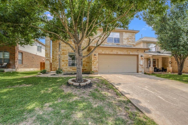 2807 Checker Dr, Cedar Park, TX 78613 - traditional home with stone siding, a garage, concrete driveway, and a front yard