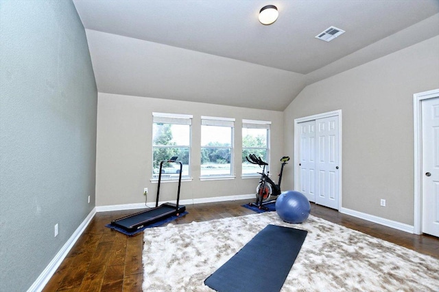 2807 Checker Dr, Cedar Park, TX 78613 - workout room featuring dark wood finished floors, lofted ceiling, and baseboards