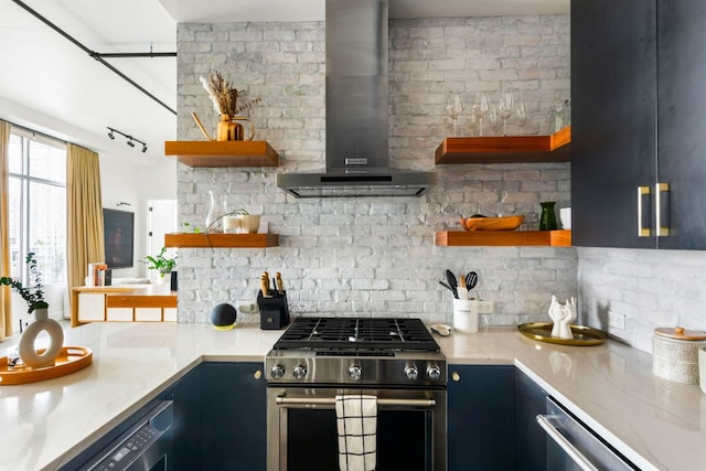 800 W 5th St Unit 902, Austin, TX 78703 - kitchen featuring stainless steel appliances, open shelves, wall chimney exhaust hood, and light stone counters