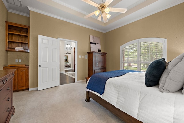 11 Meadow Run, Round Rock, TX 78664 - bedroom with ornamental molding, light carpet, baseboards, and ceiling fan