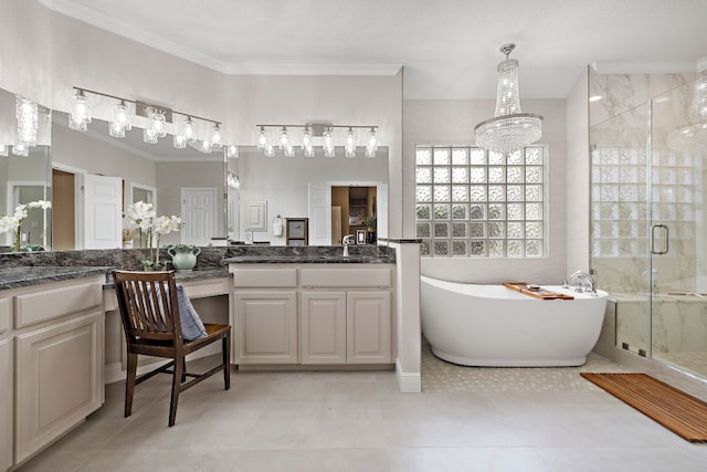 11 Meadow Run, Round Rock, TX 78664 - full bathroom featuring a shower stall, a freestanding tub, crown molding, and vanity
