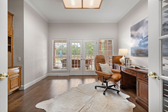 11 Meadow Run, Round Rock, TX 78664 - office with french doors, crown molding, dark wood-type flooring, baseboards, and a textured wall