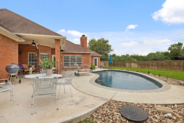 11 Meadow Run, Round Rock, TX 78664 - view of swimming pool featuring a fenced backyard, a patio area, grilling area, and a ceiling fan