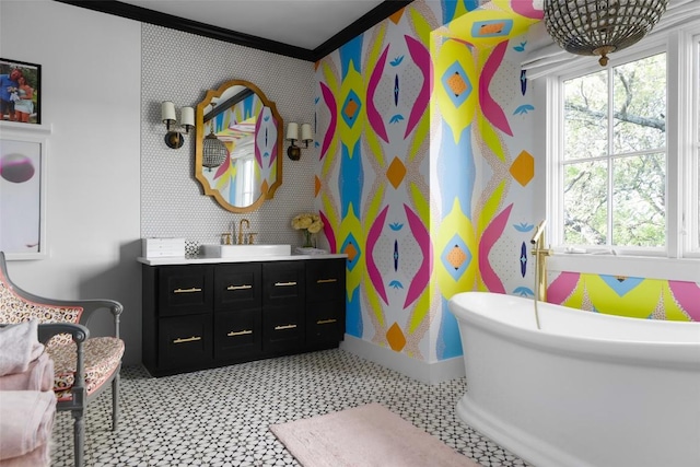 102 Crestwood Ct, Austin, TX 78746 - bathroom featuring vanity, a freestanding bath, plenty of natural light, and tile patterned floors
