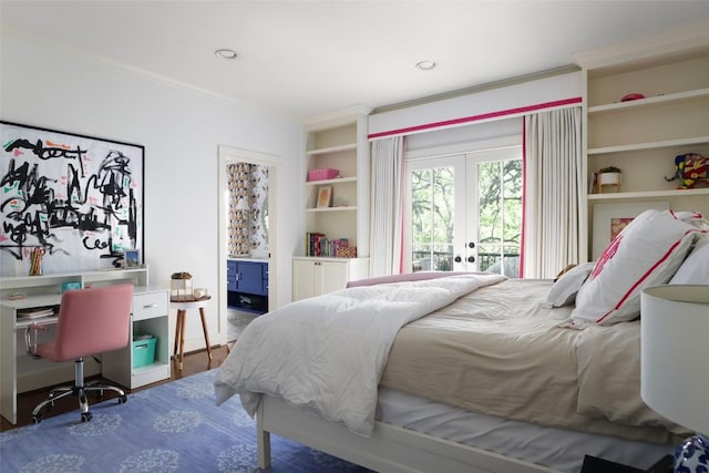 102 Crestwood Ct, Austin, TX 78746 - bedroom featuring french doors, access to outside, a desk, wood finished floors, and ornamental molding