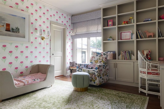 102 Crestwood Ct, Austin, TX 78746 - sitting room with wallpapered walls, crown molding, and wood finished floors