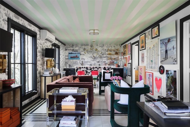102 Crestwood Ct, Austin, TX 78746 - dining space with wallpapered walls and an AC wall unit