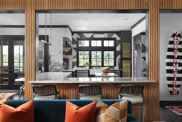 102 Crestwood Ct, Austin, TX 78746 - bar area with dishwasher, wood finished floors, and french doors