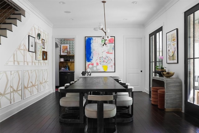 102 Crestwood Ct, Austin, TX 78746 - dining room with dark wood-style floors, ornamental molding, and recessed lighting