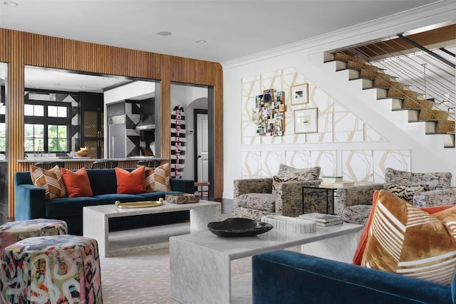 102 Crestwood Ct, Austin, TX 78746 - living area with ornamental molding and stairway