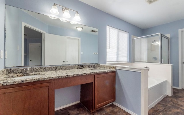 3907 Sojourner St, Austin, TX 78725 - full bathroom with a stall shower, double vanity, a bath, and baseboards