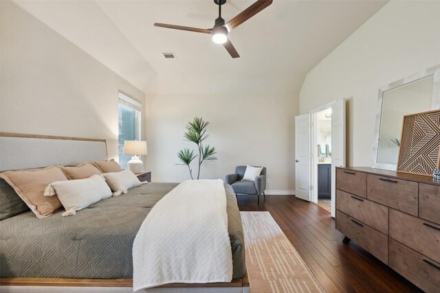 2944 Castellan Ln, Round Rock, TX 78665 - bedroom featuring vaulted ceiling, dark wood-style floors, and a ceiling fan