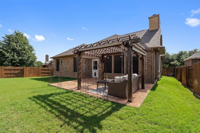 2944 Castellan Ln, Round Rock, TX 78665 - rear view of house featuring a pergola, brick siding, a fenced backyard, and a chimney