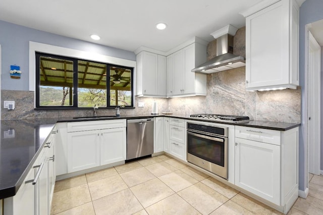 2009 S Oak Canyon Rd, Austin, TX 78746 - kitchen with appliances with stainless steel finishes, wall chimney range hood, a sink, dark countertops, and backsplash