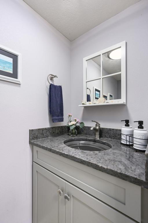 2009 S Oak Canyon Rd, Austin, TX 78746 - bathroom with vanity and a textured ceiling