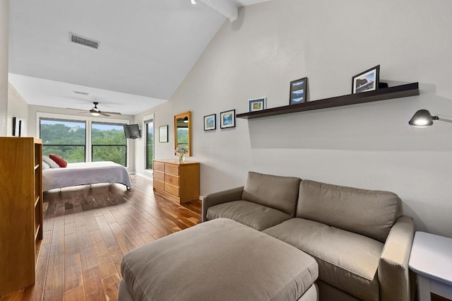 2009 S Oak Canyon Rd, Austin, TX 78746 - bedroom with hardwood / wood-style flooring, beam ceiling, high vaulted ceiling, baseboards, and ceiling fan