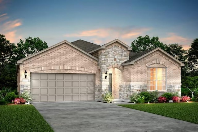 13505 Cerro Castellan Trce, Manor, TX 78653 - french country inspired facade with stone siding, driveway, an attached garage, and roof with shingles