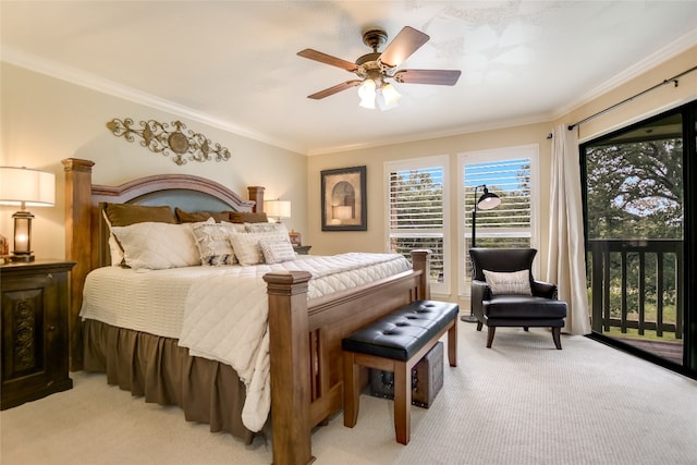 107 Lachite Unit 6, Horseshoe Bay, TX 78657 - bedroom featuring light carpet, access to outside, ornamental molding, and a ceiling fan
