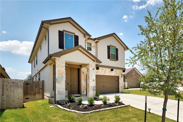 109 Red Cedar Ct, Georgetown, TX 78628 - view of front facade with a garage, stone siding, driveway, and stucco siding