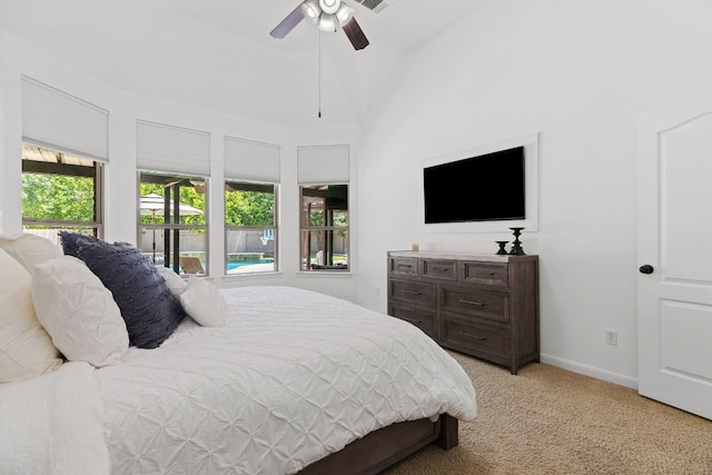 2516 Rusty Spur, Leander, TX 78641 - bedroom featuring light carpet, baseboards, ceiling fan, and lofted ceiling