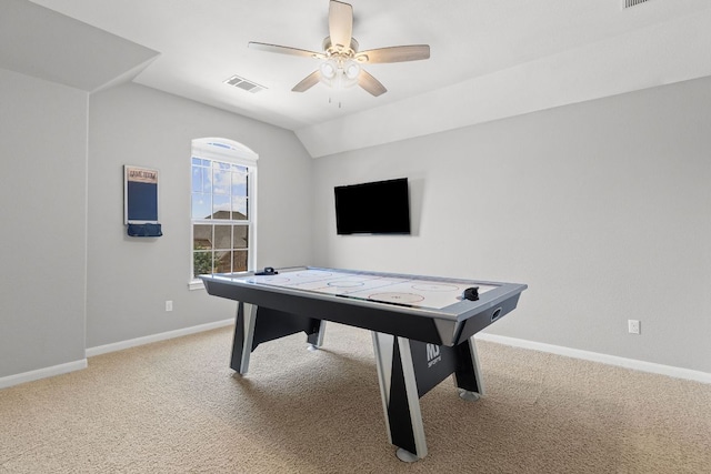 2516 Rusty Spur, Leander, TX 78641 - playroom with ceiling fan, light carpet, baseboards, and vaulted ceiling