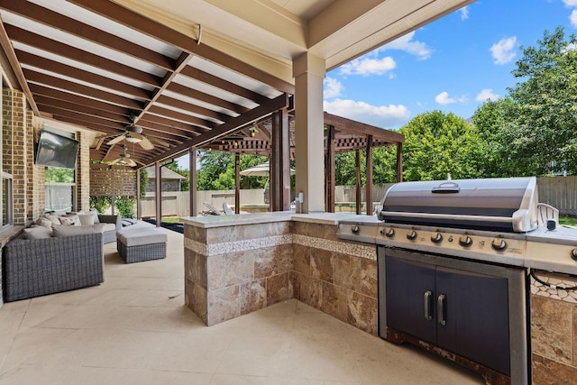 2516 Rusty Spur, Leander, TX 78641 - fenced backyard with a patio area, an outdoor living space, and a ceiling fan