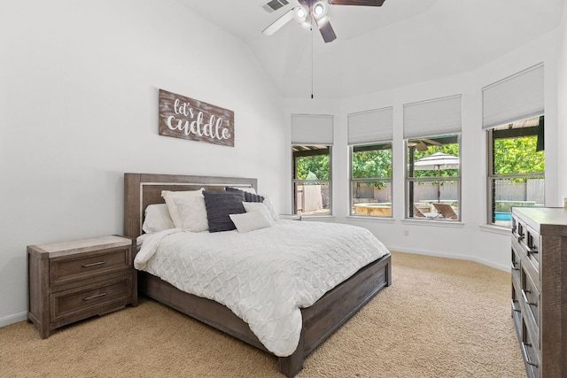 2516 Rusty Spur, Leander, TX 78641 - bedroom with light carpet, vaulted ceiling, baseboards, and a ceiling fan