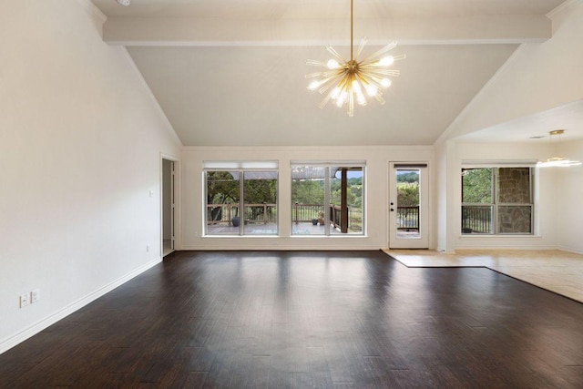 215 Maverick Cir, Horseshoe Bay, TX 78657 - unfurnished living room featuring high vaulted ceiling, a chandelier, baseboards, beamed ceiling, and wood finished floors
