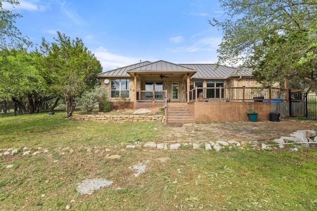 215 Maverick Cir, Horseshoe Bay, TX 78657 - rear view of property featuring a standing seam roof, a ceiling fan, a porch, and metal roof
