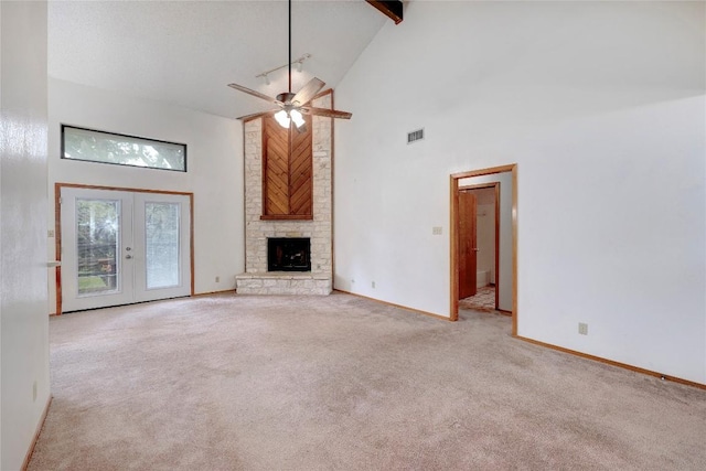 612 Tumlinson Fort Dr, Leander, TX 78641 - unfurnished living room with high vaulted ceiling, carpet, a ceiling fan, french doors, and baseboards