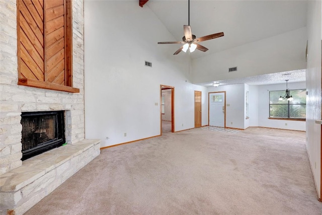 612 Tumlinson Fort Dr, Leander, TX 78641 - unfurnished living room featuring light colored carpet, ceiling fan, a stone fireplace, baseboards, and high vaulted ceiling