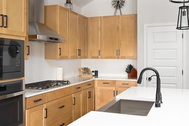 108 Charles Zanco Dr, Bastrop, TX 78602 - kitchen with appliances with stainless steel finishes, wall chimney exhaust hood, a sink, decorative backsplash, and light countertops