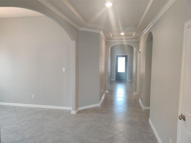3332 Lauren Nicole Ln, Round Rock, TX 78665 - corridor with arched walkways, light tile patterned floors, a raised ceiling, recessed lighting, and crown molding