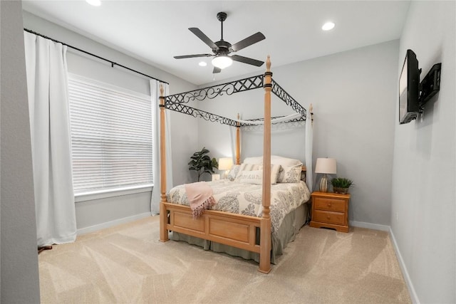 8112 Silhouette St, Austin, TX 78744 - bedroom with carpet flooring, baseboards, recessed lighting, and a ceiling fan