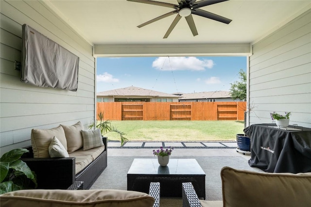 8112 Silhouette St, Austin, TX 78744 - view of patio / terrace featuring a ceiling fan and an outdoor hangout area