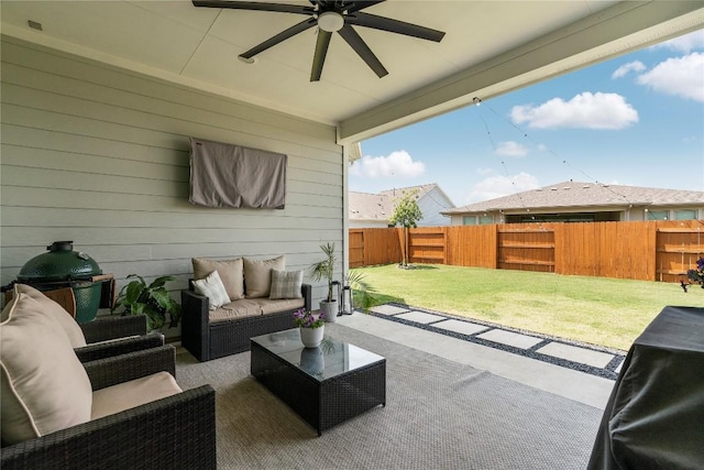 8112 Silhouette St, Austin, TX 78744 - view of patio / terrace with an outdoor hangout area and a ceiling fan