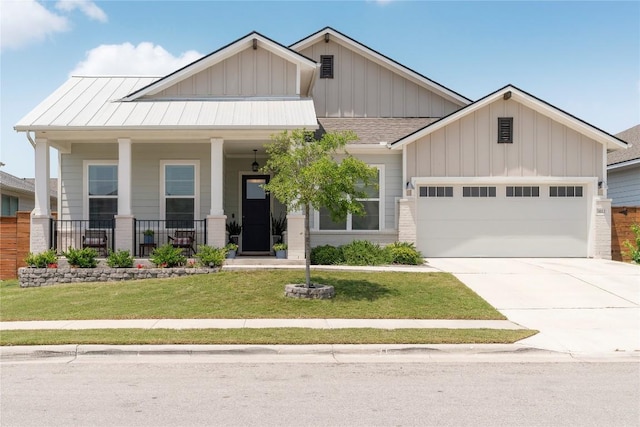 8112 Silhouette St, Austin, TX 78744 - craftsman inspired home featuring an attached garage, board and batten siding, a front lawn, and concrete driveway