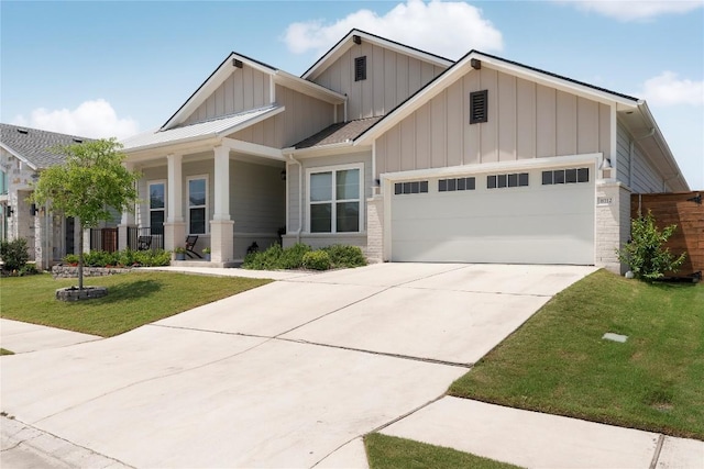 8112 Silhouette St, Austin, TX 78744 - craftsman inspired home featuring board and batten siding, a garage, a front lawn, covered porch, and concrete driveway