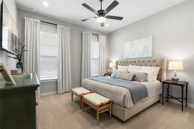 8112 Silhouette St, Austin, TX 78744 - bedroom featuring light carpet, baseboards, ceiling fan, and recessed lighting