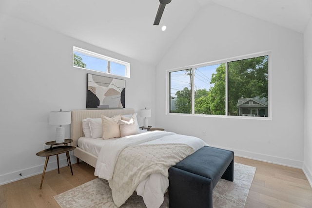 2114 Haskell St, Austin, TX 78702 - bedroom featuring high vaulted ceiling, light wood-style flooring, a ceiling fan, and recessed lighting