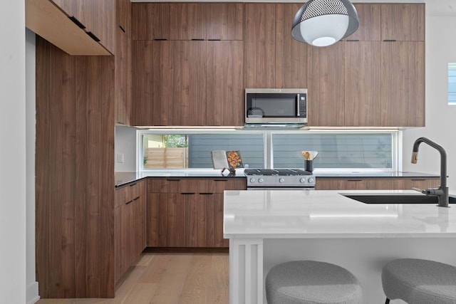 2114 Haskell St, Austin, TX 78702 - kitchen with stainless steel appliances, modern cabinets, brown cabinets, light countertops, and light wood-style floors